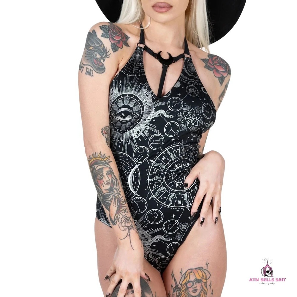 Killstar Lunar Tide Celestial Zodiac One Piece Swimsuit Black Halter Medium Goth